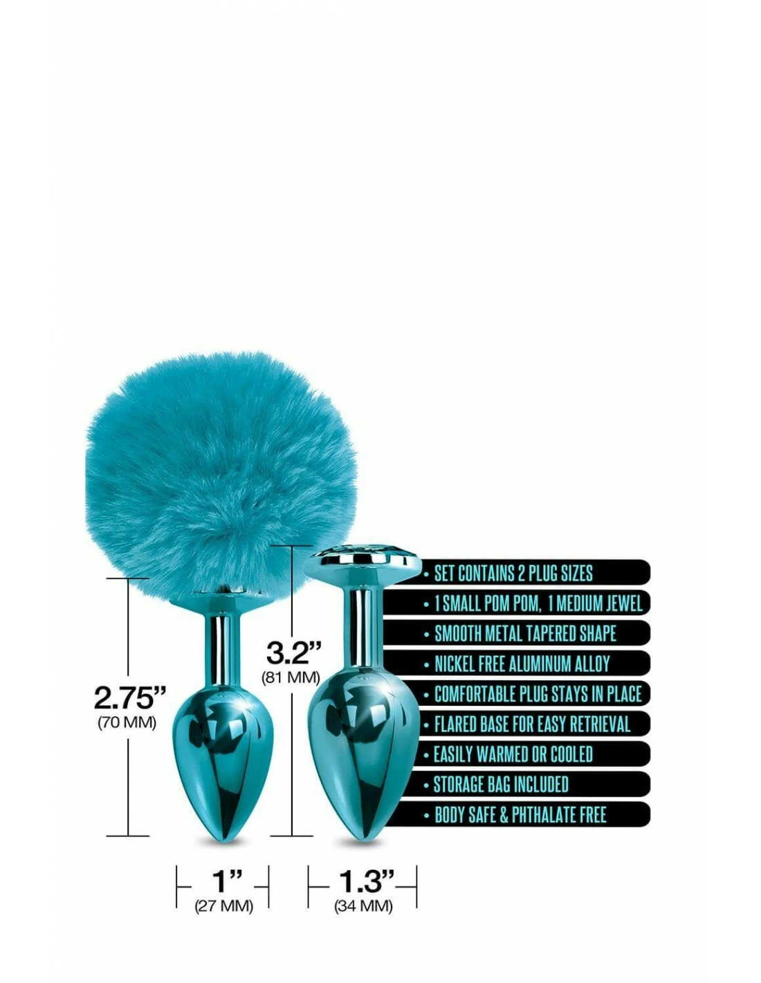 Global Novelties Nixie Metal Butt Plug Set Pom Blue - Afbeelding 3