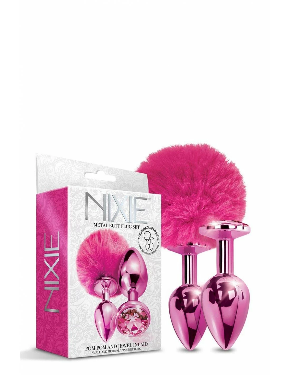Global Novelties Nixie Metal Butt Plug Set Pom Pom And Jewel Inlaid Pink Metallic - Afbeelding 2