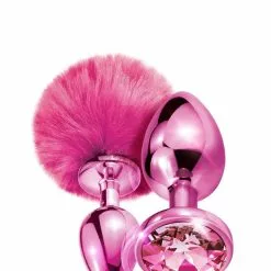 Global Novelties Nixie Metal Butt Plug Set Pom Pom And Jewel Inlaid Pink Metallic