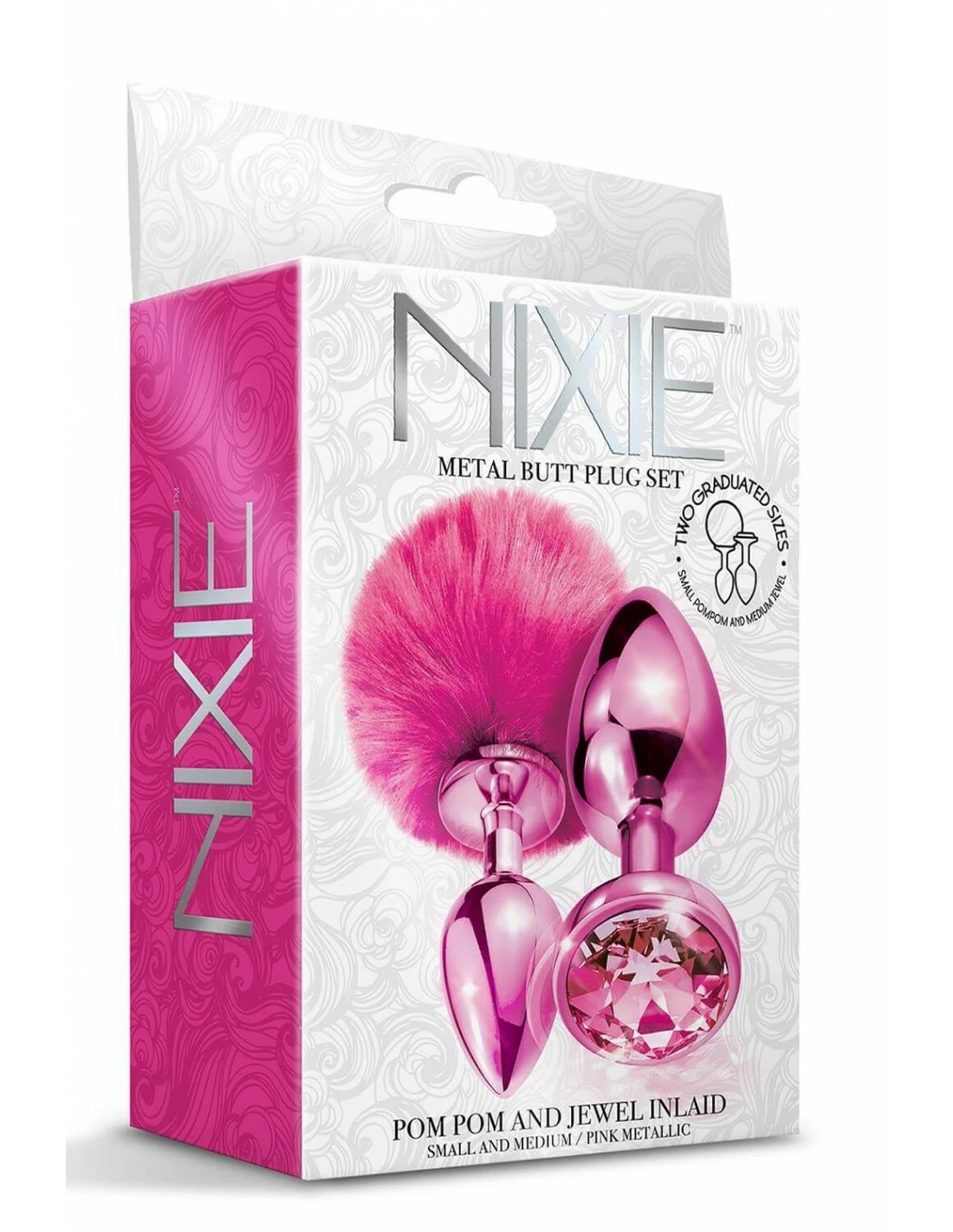 Global Novelties Nixie Metal Butt Plug Set Pom Pom And Jewel Inlaid Pink Metallic - Afbeelding 4
