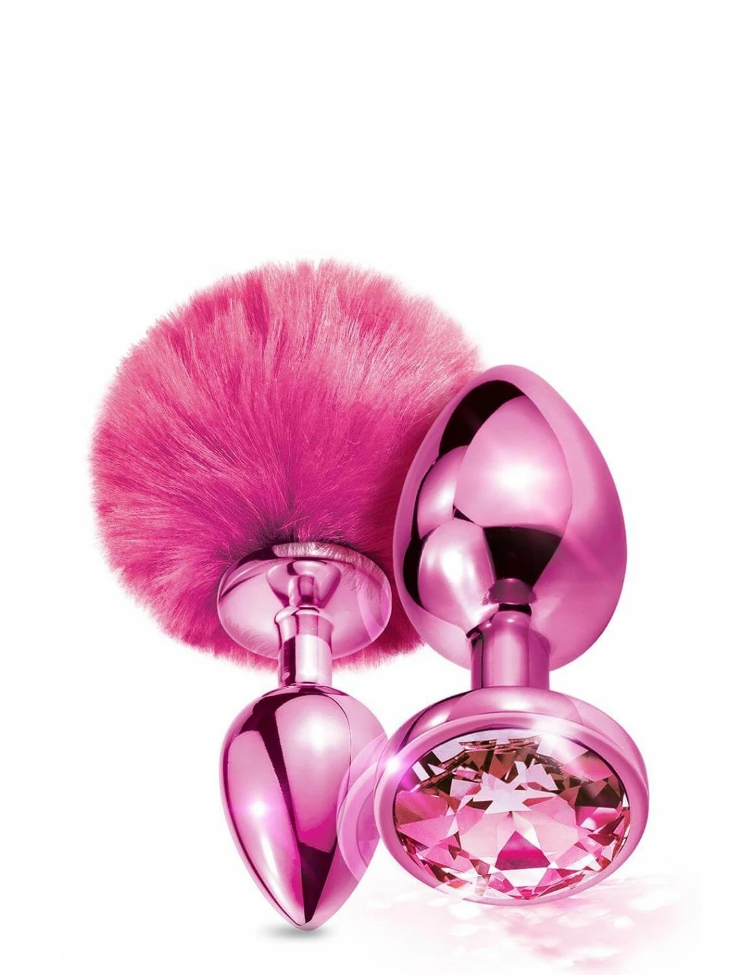 Global Novelties Nixie Metal Butt Plug Set Pom Pom And Jewel Inlaid Pink Metallic