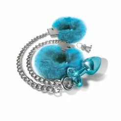 Global Novelties Nixie Metal Butt Plug & Furry Handcuff Set Medium Blue Metallic