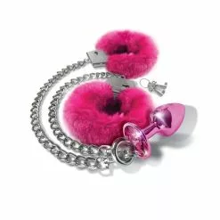Global Novelties Nixie Metal Butt Plug & Furry Handcuff Set Medium Pink Metallic