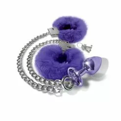 Global Novelties Nixie Metal Butt Plug & Furry Handcuff Set Medium Purple Metallic