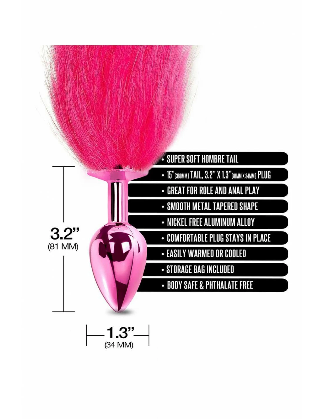 Global Novelties Nixie Metal Butt Plug With Ombre Tail Pink Metallic - Afbeelding 2